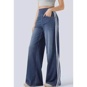 Halara Flex High Waisted Stripe Wide Leg Jeans Blue Denim XL Regular